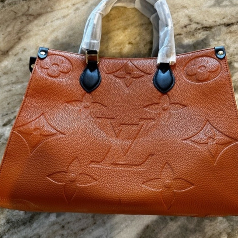 Embossed Monogram Cognac Tote with Black Handles